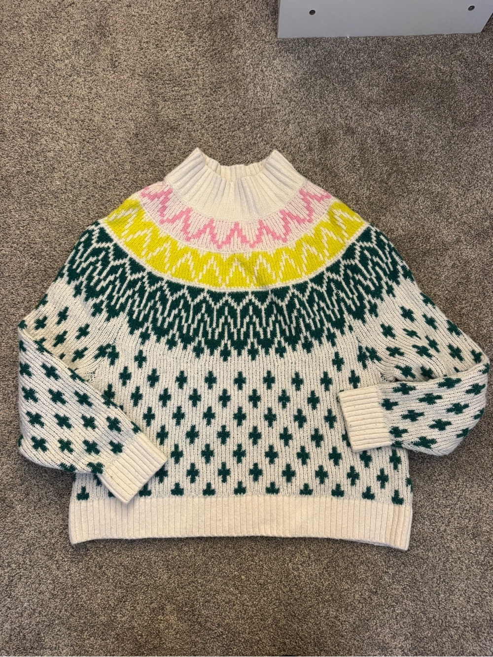 Old Navy Cream Mock Neck Sweater with Green, Yellow & Pink Yoke
